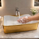 Lavoar pe blat ceramic alb cu exterior auriu 48×37×13 cm – Design modern premium pentru baie, V611M - imagine 3
