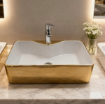 Lavoar pe blat ceramic alb cu exterior auriu 48×37×13 cm – Design modern premium pentru baie, V611M - imagine 2