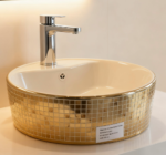 Lavoar Rotund pe Blat Alb cu Exterior Mozaic Auriu 40×40×15 cm – Lavoar Baie Modern Premium, V616J - imagine 2