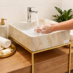 Lavoar Baie pe Blat Dreptunghiular 48×37×13 cm Marmură Bej – Lavoar Ceramic Modern pentru Mobilier Baie, V611E - imagine 4